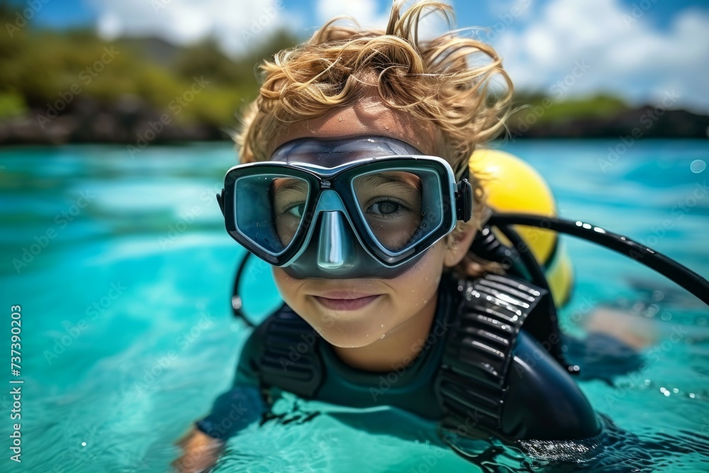 Poster child at diving lessons. background with selective focus and copy space
