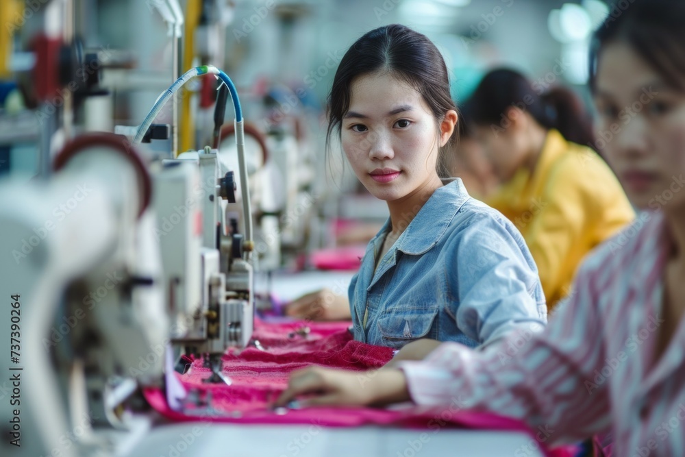 Poster workers at a textile factory. background with selective focus and copy space