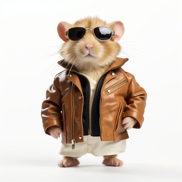 Funny little hamster in leather jacket and sunglasses isolated on white background