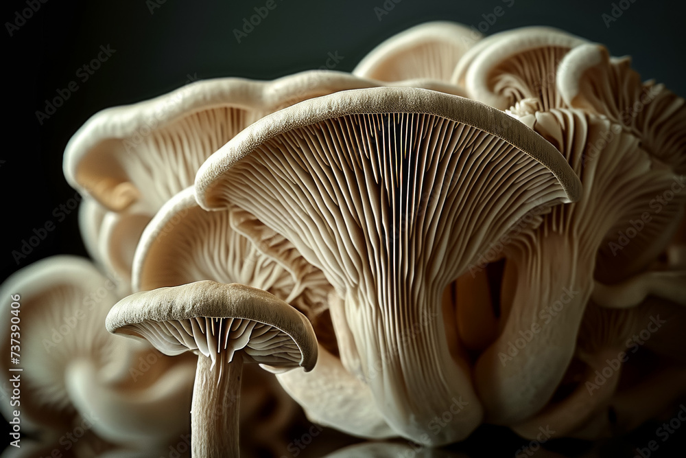 Poster mycelium with mushrooms, bottom view. backdrop with selective focus and copy space