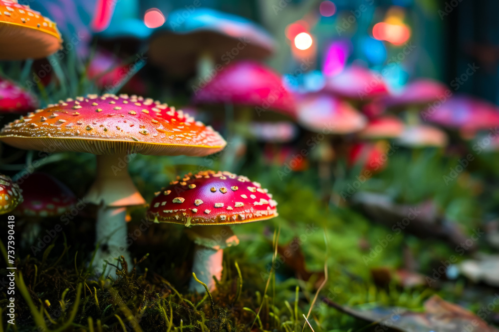 Poster fly agaric in the forest. backdrop with selective focus and copy space
