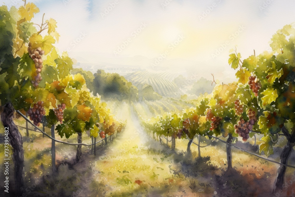 Poster watercolor drawing of a grape field. backdrop with selective focus and copy space