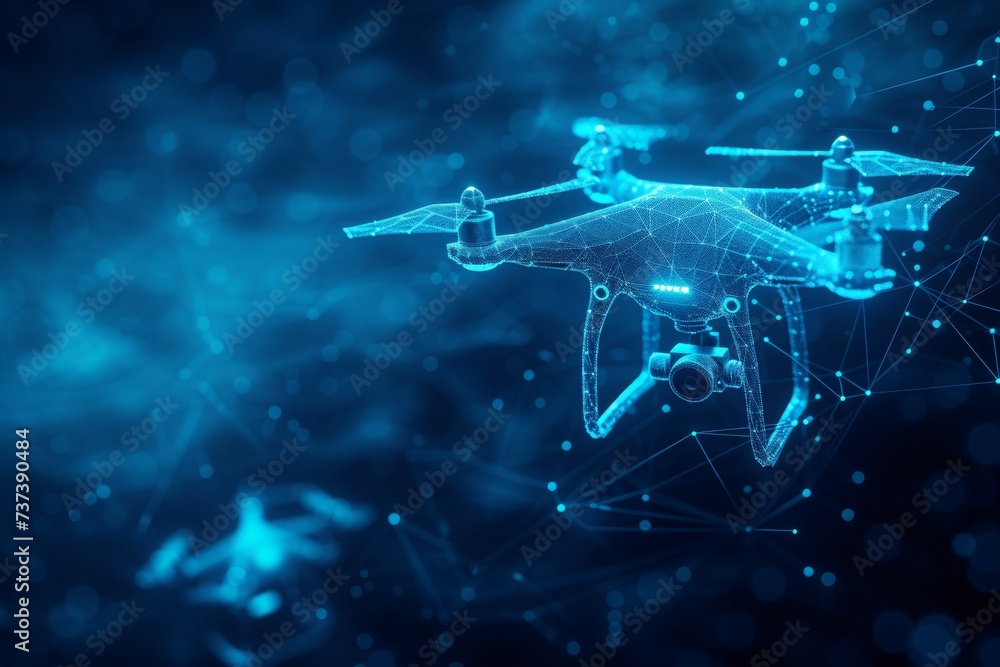 Poster drone hologram made of dots. invention and research concept. backdrop with selective focus and copy 