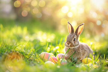Fototapeta na wymiar Cute little bunny and easter eggs