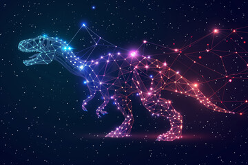 Dinosaur hologram made from digital dots. Backdrop with selective focus and copy space