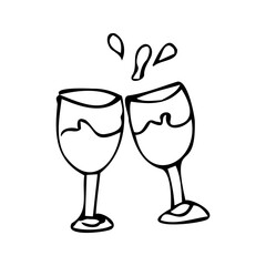 hand drawn doodle celebration glasses with alcohol beverage. Vector illustration for celebration toast concept. Can used for greeting card, banner, poster. Hand drawn sketch with drink in glasses and
