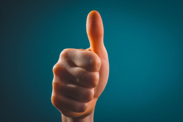 Thumbs up gesture in studio, advertising concept. Backdrop with selective focus and copy space