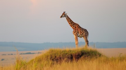 a tall giraffe standing on top of a grass covered field next to a field of tall dry grass.