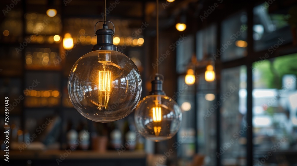 Poster three light bulbs hanging from a ceiling in a room with a lot of lights on the ceiling and a bar in 