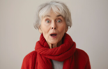 Mujer mayor con expresión de sorpresa sobre un fondo liso de color claro - obrazy, fototapety, plakaty