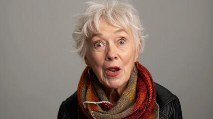 Mujer mayor con expresión de sorpresa sobre un fondo liso de color claro - obrazy, fototapety, plakaty