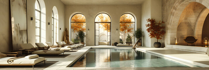 Luxurious Hotel Pool, Indoor Relaxation and Spa Concept, Modern Design with Comfortable Seating Area