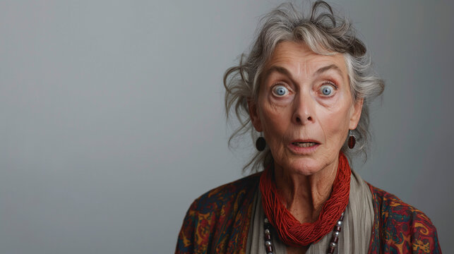Mujer mayor con expresi&oacute;n de sorpresa sobre un fondo liso de color claro