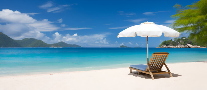 Beach chairs with umbrella and beautiful sand beach tropical beach with white sand.AI Generative
