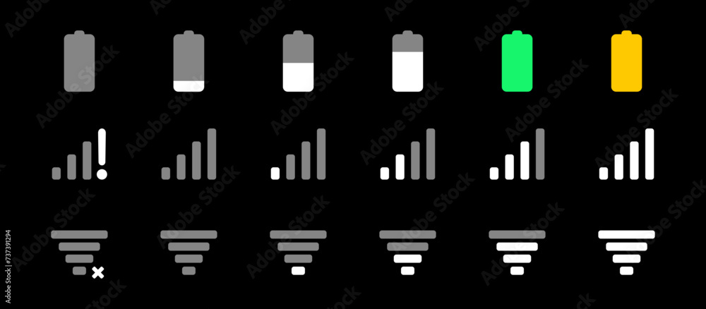 Poster battery, mobile network signal and wi-fi icon set in dark mode with vertical battery modern colorful