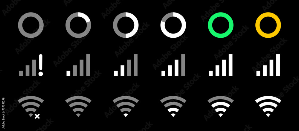 Poster battery, mobile network signal and wi-fi icon set in dark mode with circle battery modern colorful. 