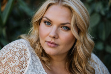 Naklejka premium A close-up photograph showing the vivid blue eyes of an overweight woman. 