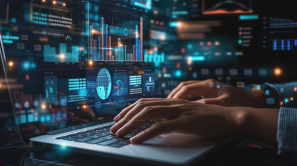 person's hands are seen typing on a laptop keyboard, with futuristic digital graphics of charts, graphs, and data analytics floating above the computer screen.