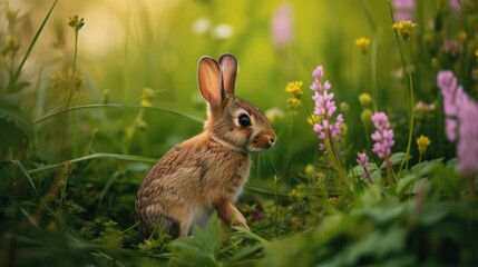 Fototapeta premium a small rabbit sitting in the middle of a field of grass and wildflowers, with a blurry background of pink and yellow flowers.