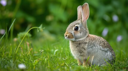 a close up of a rabbit in a field of grass with a blurry background of purple flowers and greenery.