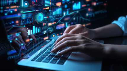 person's hands are seen typing on a laptop keyboard, with futuristic digital graphics of charts, graphs, and data analytics floating above the computer screen.
