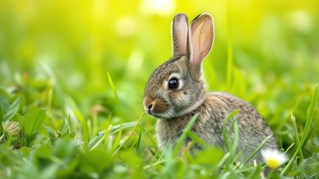a rabbit is sitting in the grass and looking at the camera with a surprised look on it's face.