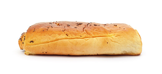 A bun with poppy seeds that is not very fluffy.