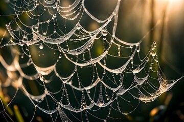 A macro shot of dewdrops on delicate spider webs, catching the morning sunlight.