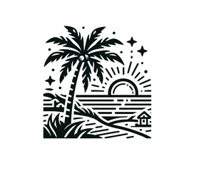 Palm beach vacation vector illustration emblem. Ocean, sunrise, holiday.