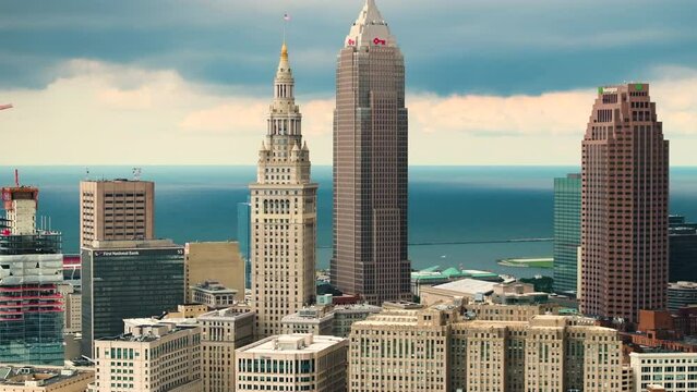 Urban landscape of downtown district of Cleveland in Ohio state, USA. American city skyline with high commercial buildings