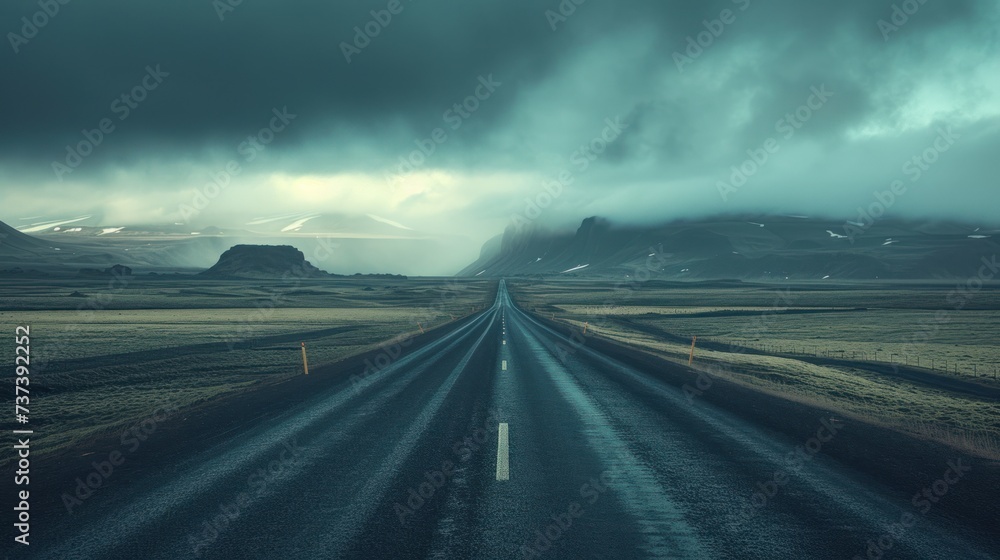 Poster a long stretch of road in the middle of a field with a mountain in the distance under a cloudy sky.