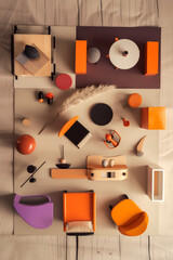 doll furniture set set, in the style of graphic minimalism
