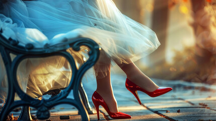 An enchanting image of a fashionable woman sitting on a park bench, her red heels peeking out from beneath a flowing skirt, adding a pop of color to the serene surroundings.