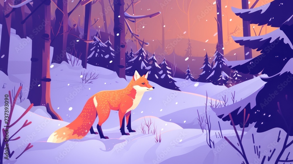 Poster a red fox standing in the middle of a snow covered forest with trees on either side of it and a suns