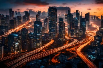: A bustling metropolis captured from above at dusk, with skyscrapers ablaze with lights and traffic streaming through the streets like rivers of light. --3:2 --v4 -  - obrazy, fototapety, plakaty