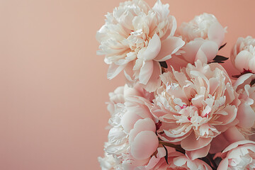 peonies in full bloom on pink background with space o