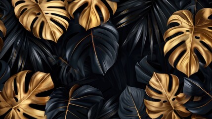 tropical leaves gold and black dark monstera palm graphic design creative nature background minimal summer abstract jungle forest pattern luxury exotic botanical design cosmetics, wedding