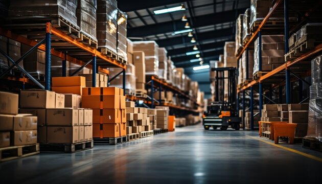 Modern logistics warehouse interior with organized shelves and pallets for storage