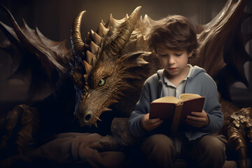 A little boy is reading a fantasy book about dragons and lizards. Inspirational ideas accompany him while reading. International Children's Book Day concept.