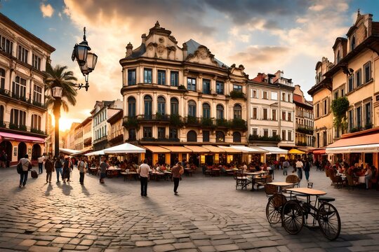 : A bustling city square filled with historic architecture, lively cafes, and street performers entertaining crowds of tourists and locals alike. --3:2 --v4