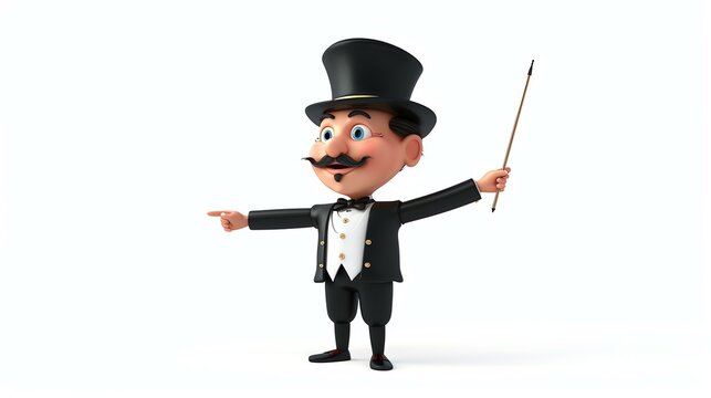 A delightful 3D illustration of a cute conductor with a cheerful expression, ready to lead the way to a musical adventure. Perfect for injecting whimsical charm into any creative project.