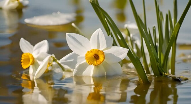 narciso bianco nella marea, primo piano di fiore  che quasi annega nella piena di un fiume, acqua sporca