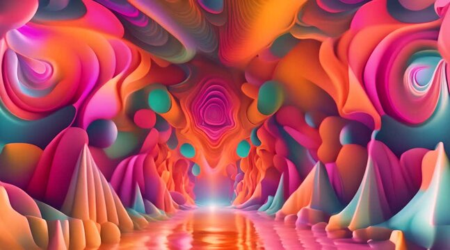 ingresso che si avvicina sempre pi&ugrave;  in una caverna fatta di colori azzurri e gialli, surreale, mondo dei sogni, psichedelico, artistico