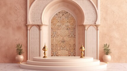Fototapeta na wymiar A minimalist, empty podium set against a clean backdrop adorned with Ramadan ornaments
