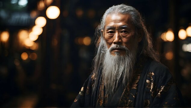 wise old japanese man from tokyo with a long white beard, intricate, sharp focus, fantasy, cinematic lighting, other worldy, surreal 8k photo, dark moody aesthetic