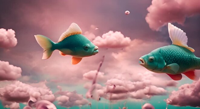 surreali pesci turchesi che volano nel cielo in mezzo a nuvole rosa all'alba,  video rilassante e surreale che crea pace e calma, ritmo lento 