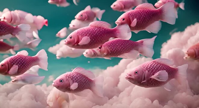 surreali pesci rosa che volano nel cielo in mezzo a nuvole rosa all'alba in cielo turchese.  video rilassante e surreale che crea pace e calma, ritmo lento 