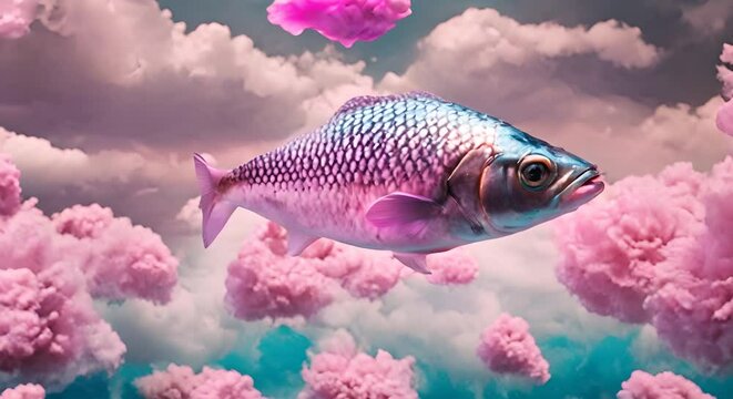 surreale  pesce azzurro che vola nel cielo in mezzo a nuvole rosa all'alba,  video rilassante e surreale che crea pace e calma, ritmo lento 