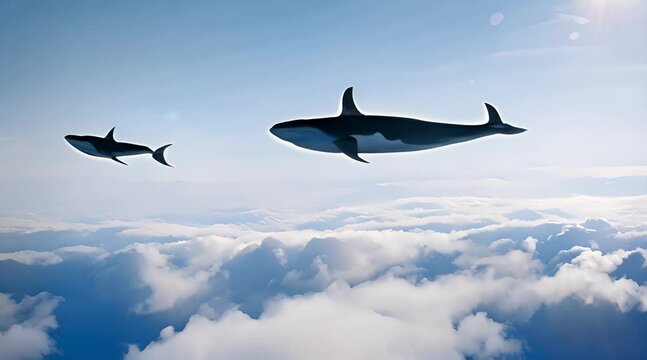 surreale  balena  che vola nel cielo sopra a nuvole come un aereo,  video rilassante e surreale che crea pace e calma, ritmo lento 