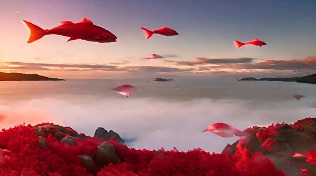surreali pesci rossi  che volano nel cielo in mezzo a nuvole rosa all'alba,  video rilassante e surreale che crea pace e calma, ritmo lento 
